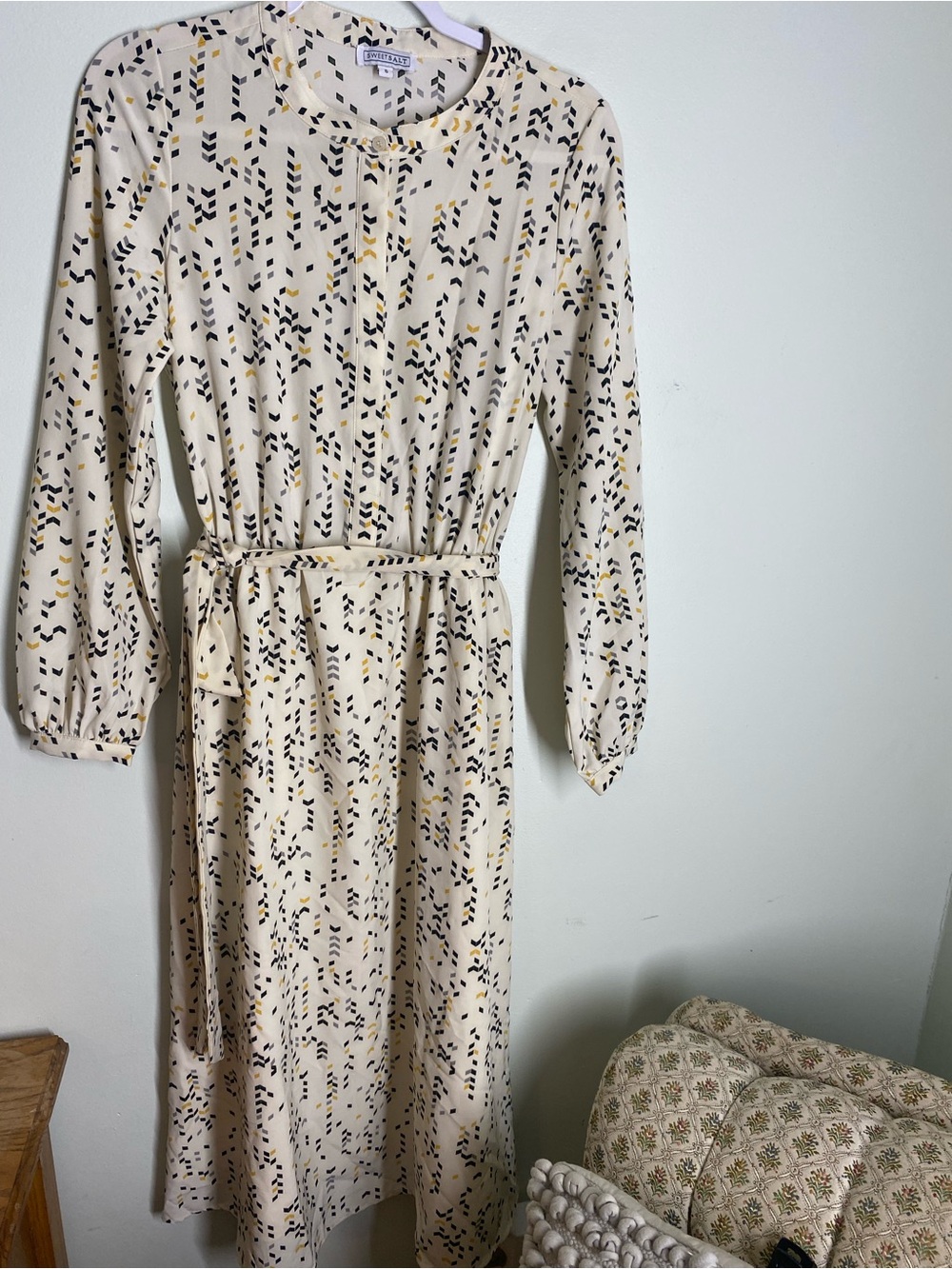 Sweet Salt Cream Abstract Long Sleeve Midi Dress with Belted Waist